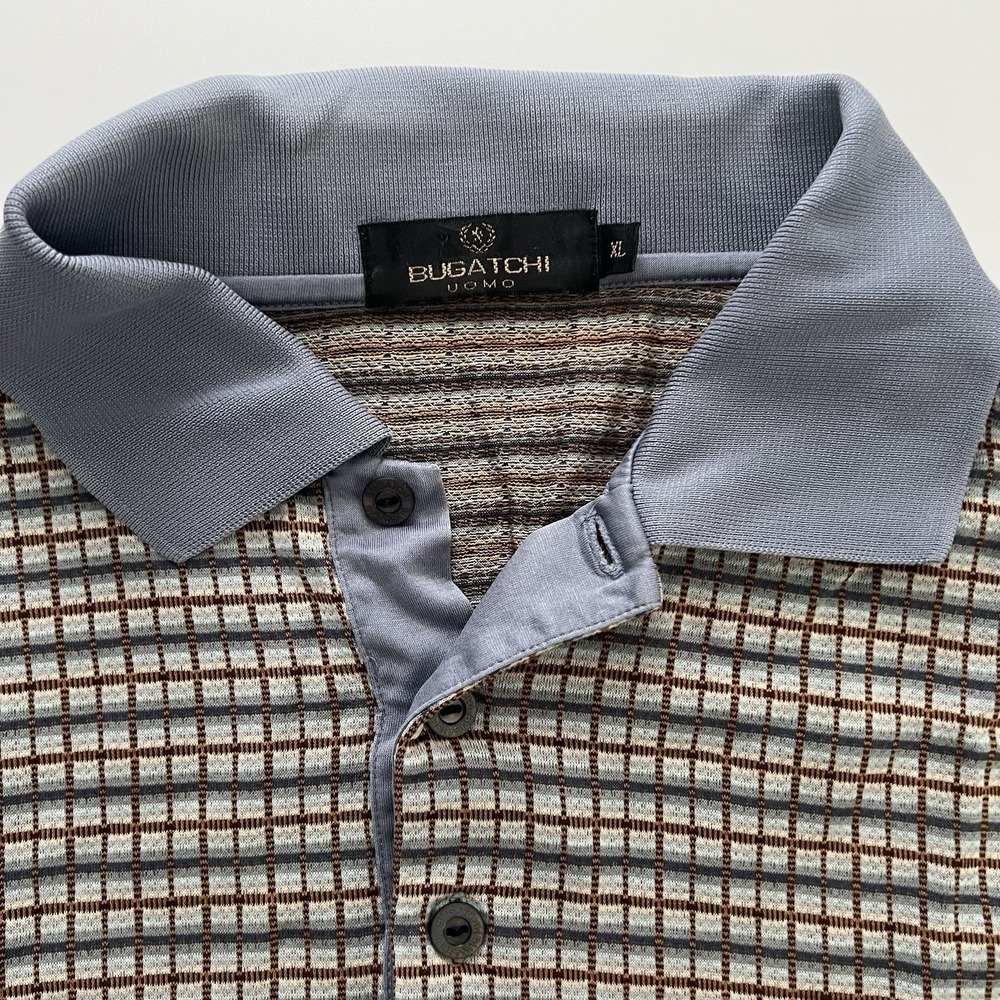 Bugatchi Uomo Polo Shirt Mens XL Gray Brown Check Knit Short Sleeve Luxury